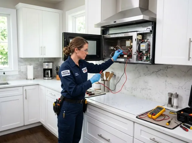 Appliance Repair Hero technician testing an over-the-range microwave in a Blue Ridge, TX kitchen